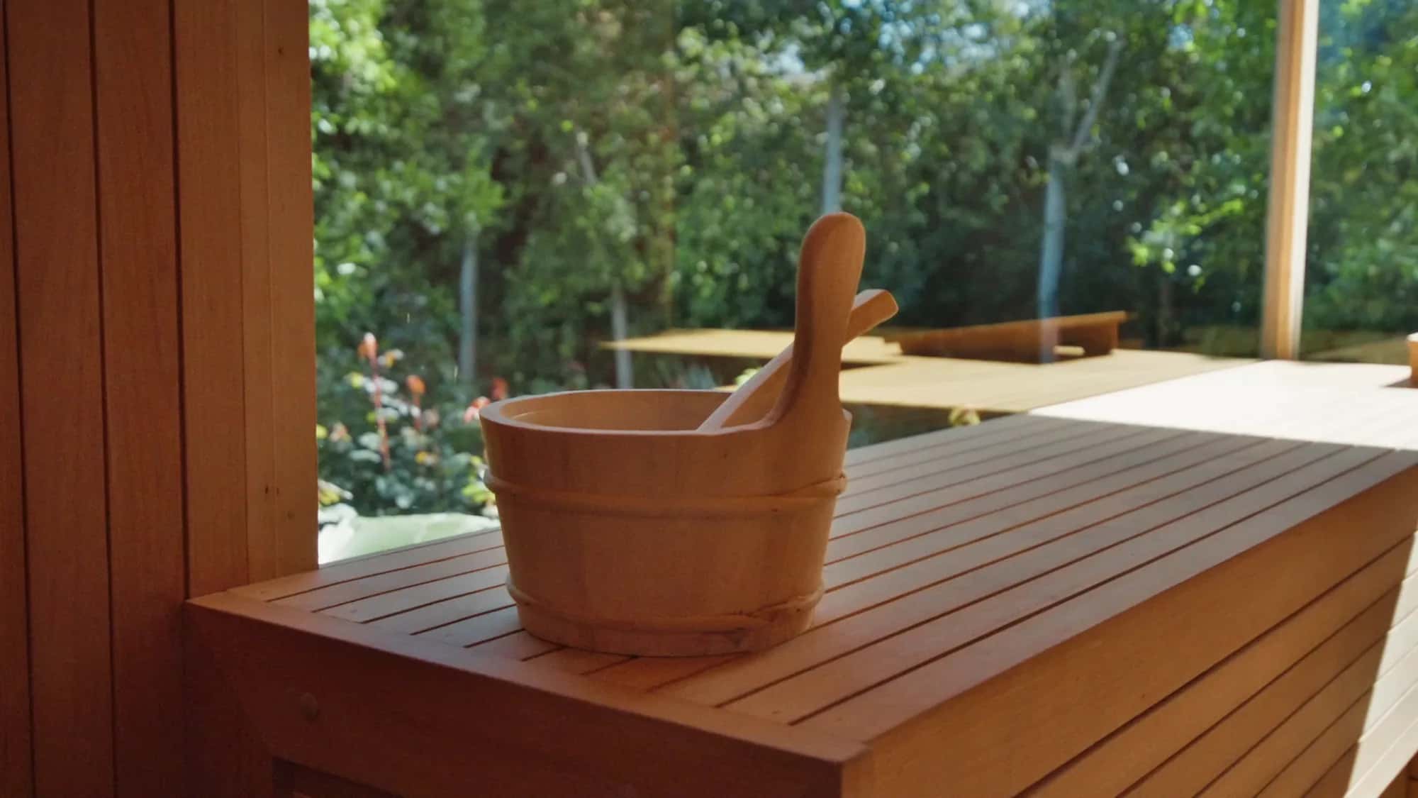 Detail of the private Villa Yemna sauna in Marrakech with traditional wooden bucket and ladle on the bench.