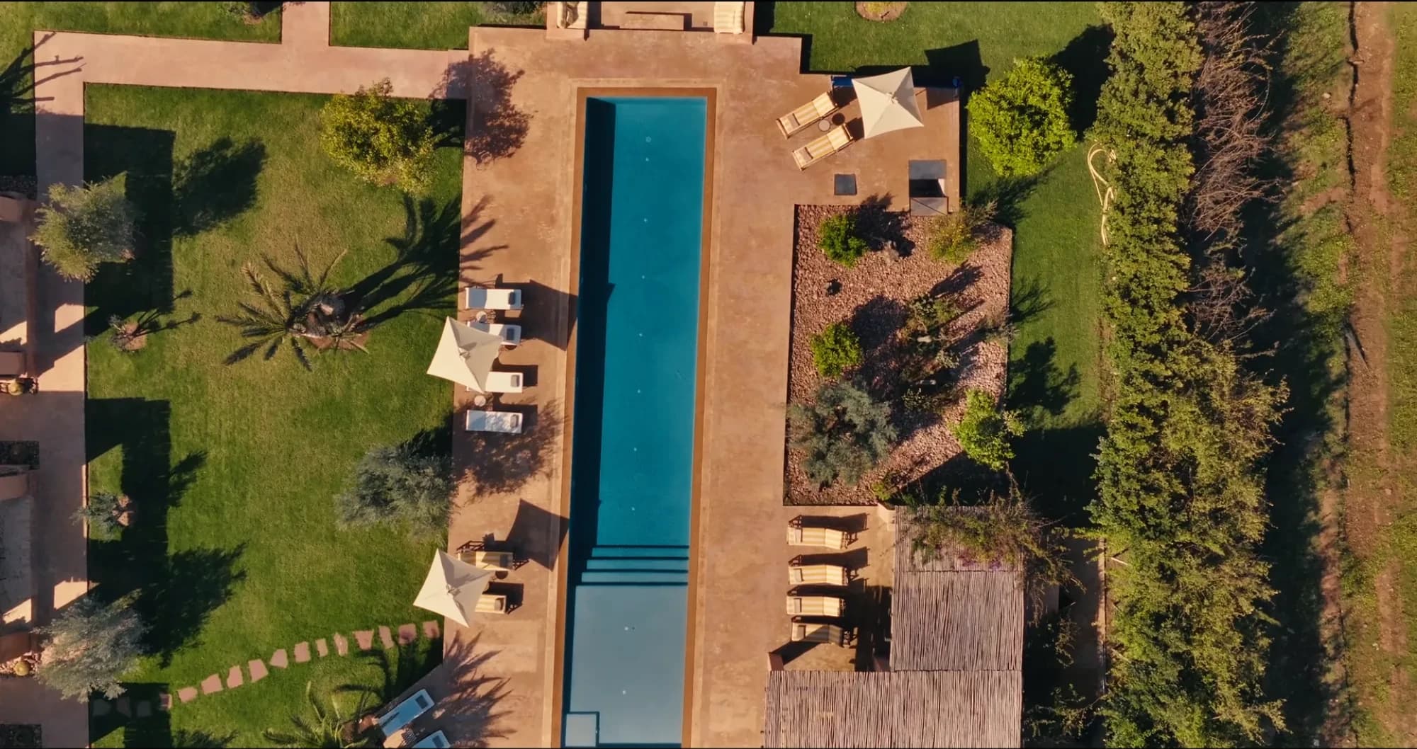 Vue plongeante drone de la piscine au sel 21m de Villa Yemna à Marrakech, avec transats, terrasse en tadelakt et oliveraie environnante.