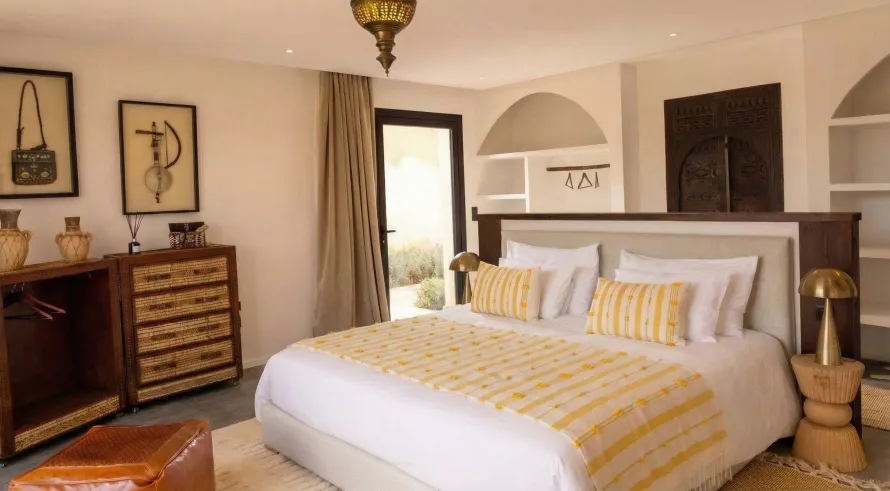 Suite Moulay Bouazza de la Villa Yemna à Marrakech, chambre avec lit double et linge jaune, vue frontale.